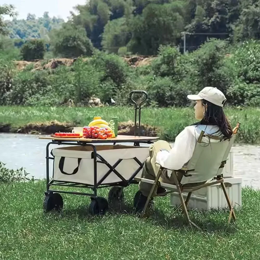 Wholesale Folding Camping Wagon with Removable Wood Table Top Heavy Duty Outdoor Picnic Cart All-Terrain Beach Utility Trolley