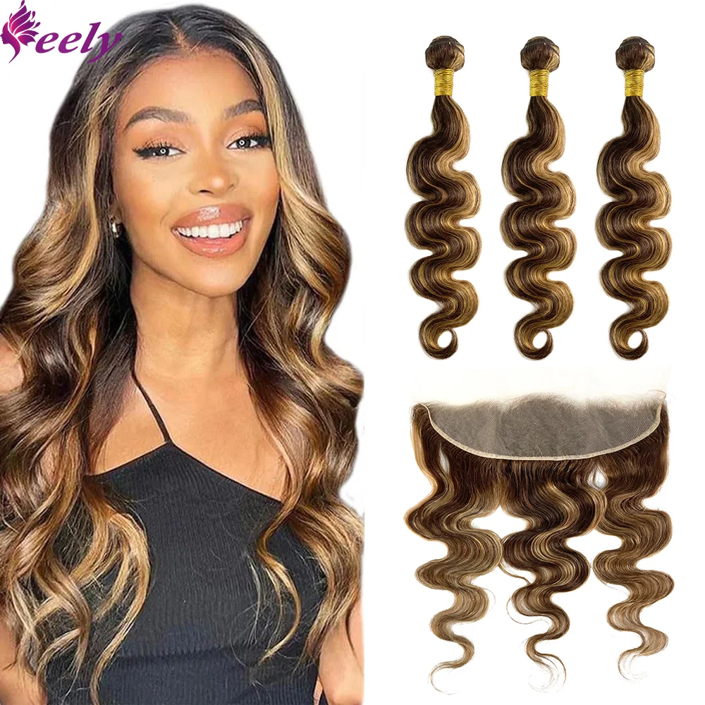 Highlight Bundles Human Hair With Frontal 13x4 Lace Body Wave Honey Blonde Color P4/27 Brazilian 100% Real Hair Weave Extensions