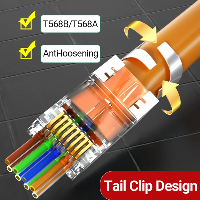 Hoolnx Cat7 RJ45 Pass Through Connectors 3 Prong CAT6A 50U Gold Plated 2-Piece Shielded Pass Thru Modular Plug for FTP/STP Cable