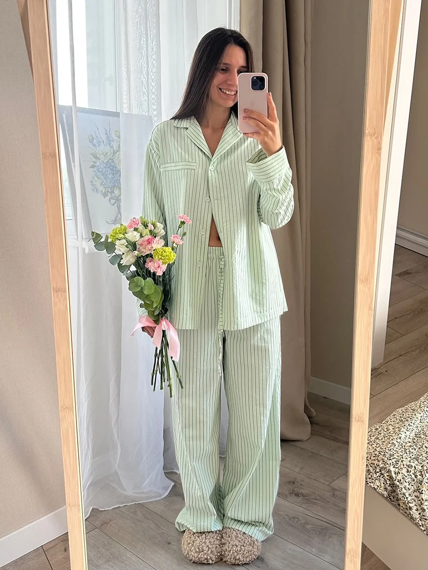 

Marthaqiqi Striped Ladies Sleepwear Set Sexy Turn-Down Collar Pajamas Long Sleeve Nightgowns Pants Winter Female Nightwear Suits
