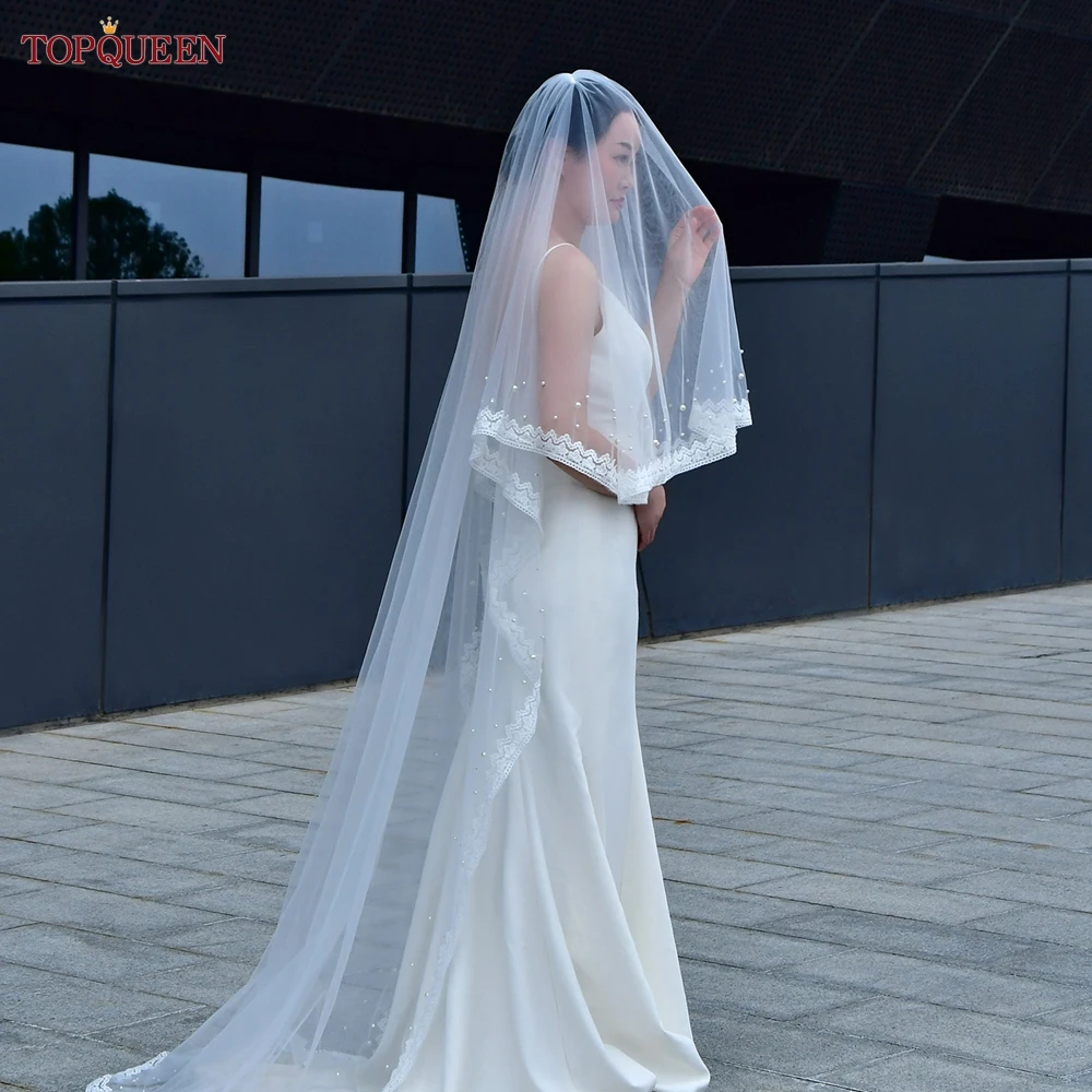 

TOPQUEEN V164 Real Photos Wedding Veil 2 Layers Sequins Lace 3 Meters Cathedral Length Bridal Veil Blusher Veil Cover Face