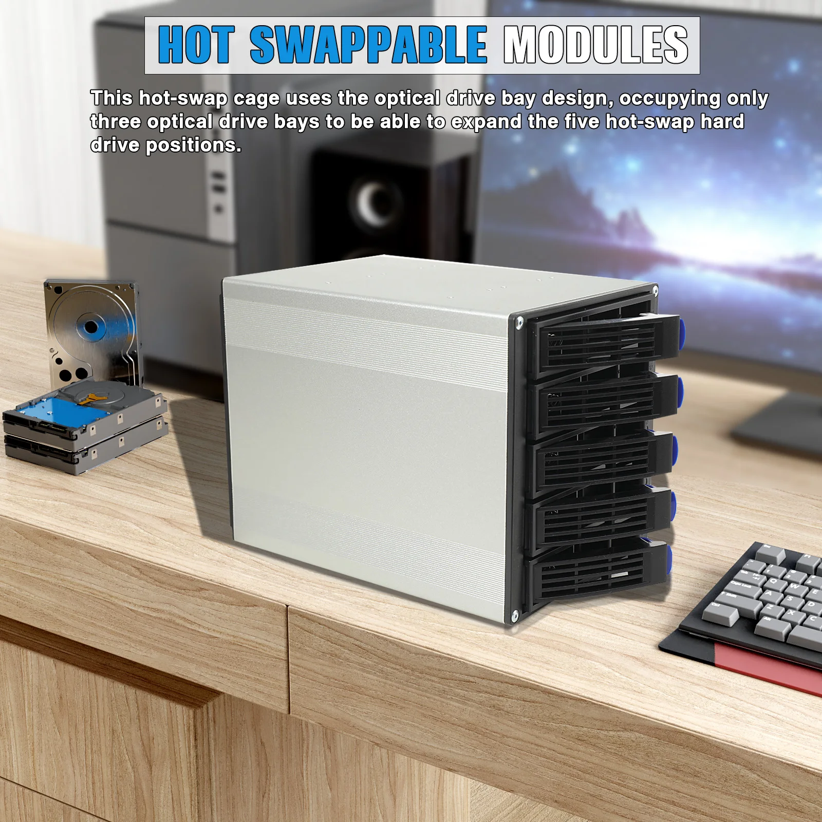 

HDD Enclosure Hot Swap Cage Supports Hot-Swap SATA I/II/III 5-Bay 3 x 5.25" Drive Bays Occupancy Hard Disk Enclosure HDD Hot Swap Cage Mobile Rack for 5 x SATA 3.5" HDD or 5 x SATA 2.5" HDD or SAS HDD Capacity