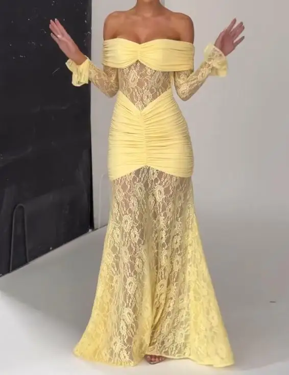 Women Lace See Through Maxi Dress Yellow Off Shoulder Backless Pleated Slim Fit Long Dresses Lady Women Lace See Through Maxi Dress Yellow Off Shoulder Backless Pleated Slim Fit Long Dresses Lady
