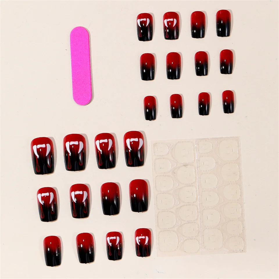 Uñas góticas con gotas de sangre para Halloween, degradado rojo y negro, cuadradas medianas, de resina 3