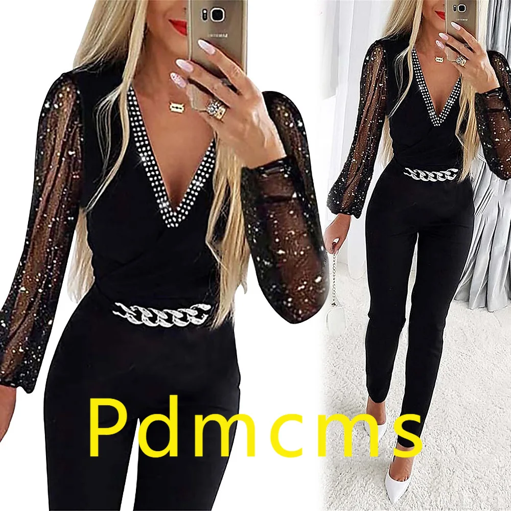 

2025 new autumn European and American women's clothing solid color v-neck long-sleeved hot diamond high-waisted professional cas