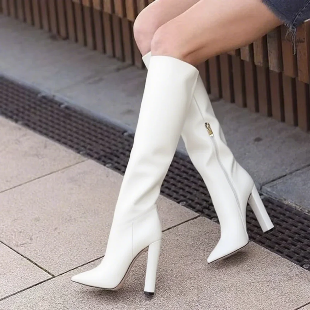 

2025 Women Boots Block Heel Knee High Size Zipper Sexy Pointed Toe Runway Boots Custom Made Manufacturer Shoes