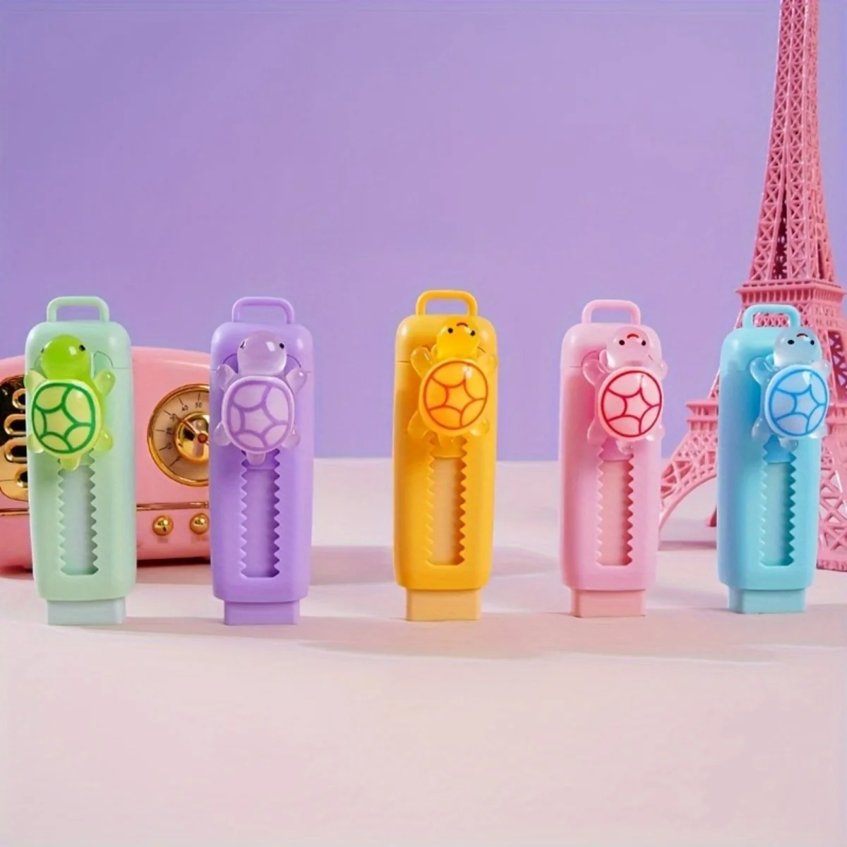 5Pcs Sliding Retractable Pencil Eraser with Turtle Shaped for Drawing and Writing Ideal for Exams And Office Use