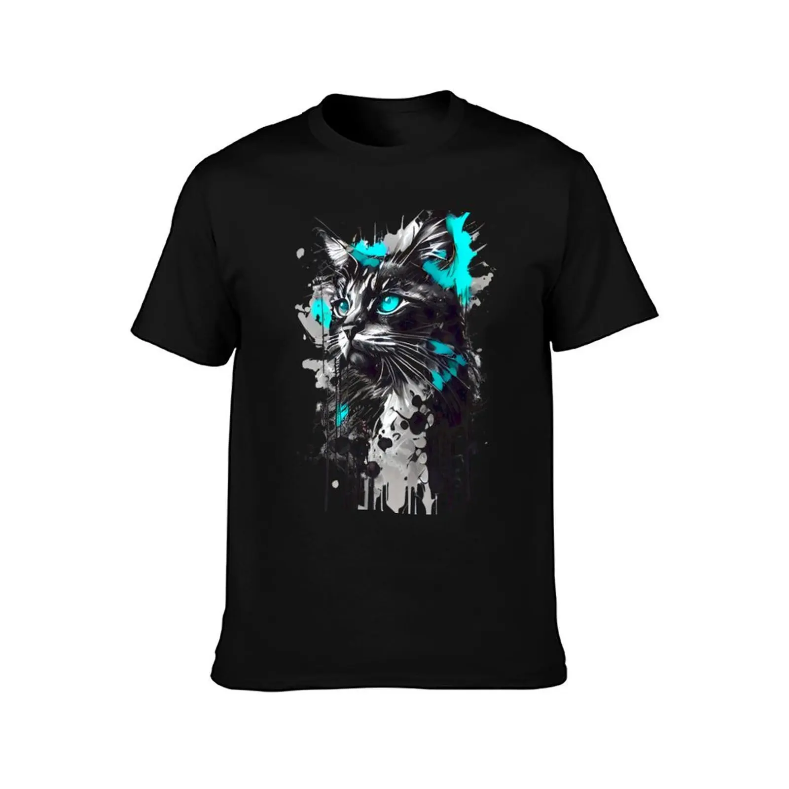 An artistic painting of a cute cat with turquoise blue eyes T-Shirt Soft Basic Cotton Short Sleeve Tee