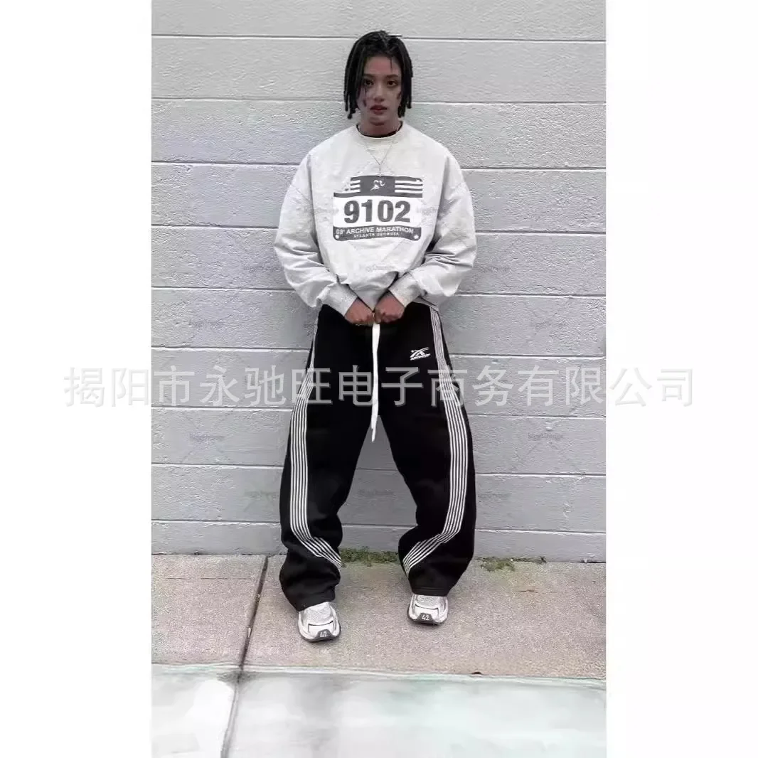 new American Sweatpants Y2K Pants Men Gothic Hip Hop Letter Patch Retro Double Layer Design Baggy Elastic Waist Jogging Casual P