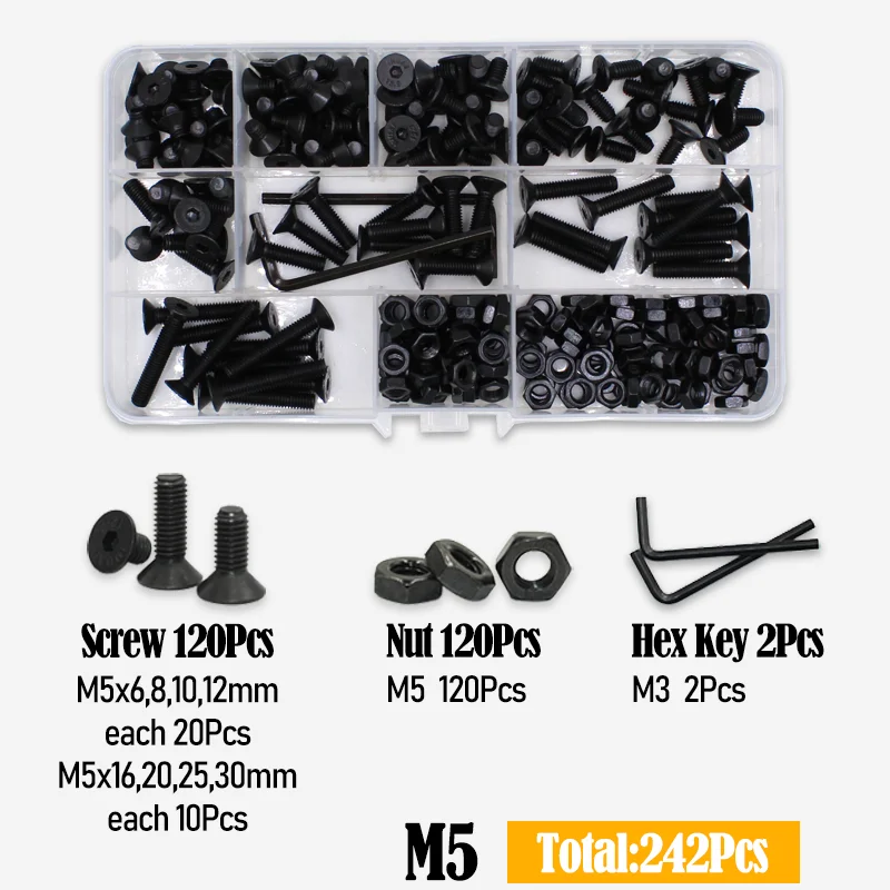 2520 Teile/satz Flachkopf Innensechskantschraube Schwarz Güteklasse 10,9 Stahl Innensechskant Flachsenkkopfschraube Bolzen Mutter Unterlegscheibe Kit – Detail 15