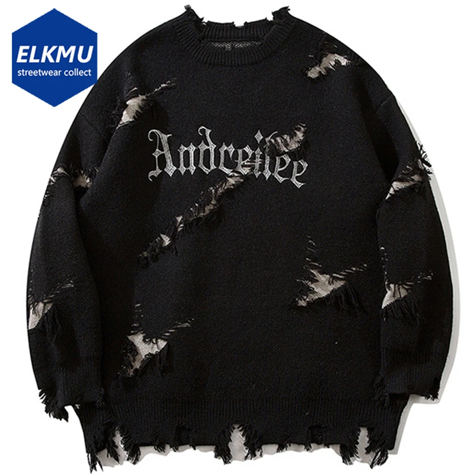 

Vintage Ripped Sweaters Men Y2K Oversized Sweaters Knit Jumpers Streetwear Harajuku Hip Hop Sweaters Knitwear