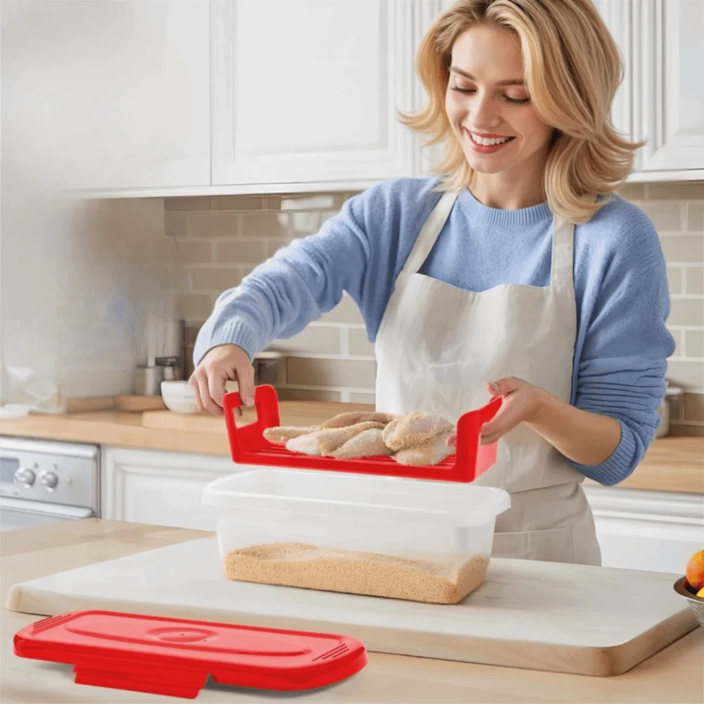 

Набор из 2 прямоугольных пластиковых мисок для панировки рыбы с ситечком, герметичные, большой емкости