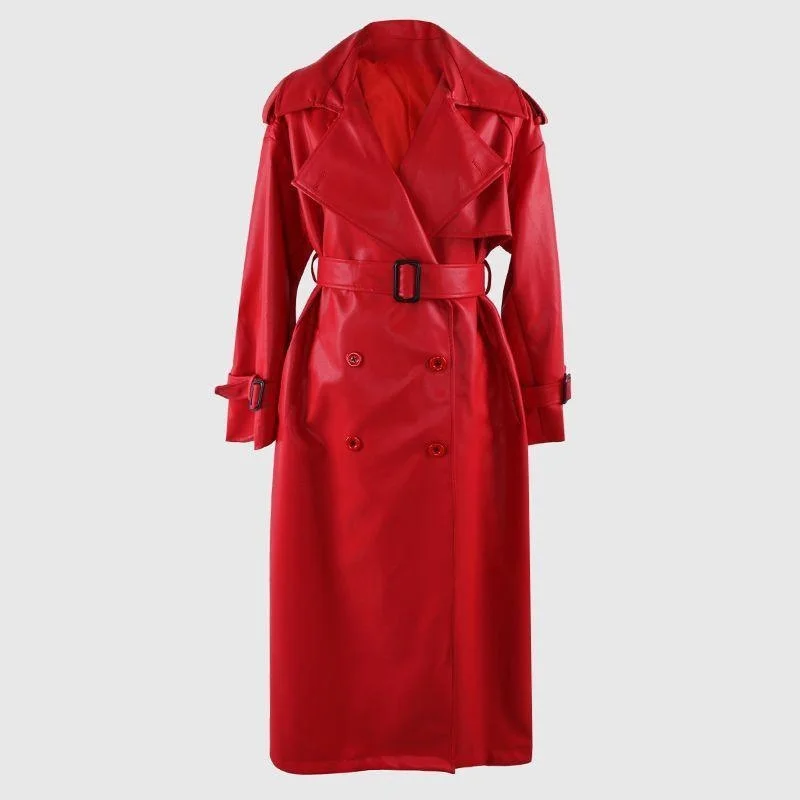Spring Autumn Long Oversized Black Pu Leather Trench Coat for Women Belt Double Breasted Loose Casual Maxi Overcoat