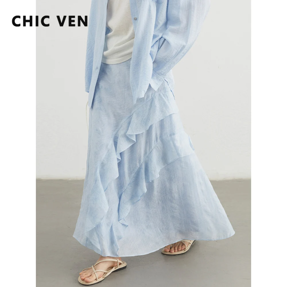 

CHIC VEN женские юбки корейские свободные трапециевидные юбки с разрезом и рюшами по краям модный дизайн однотонная юбка весна лето новинка 2025