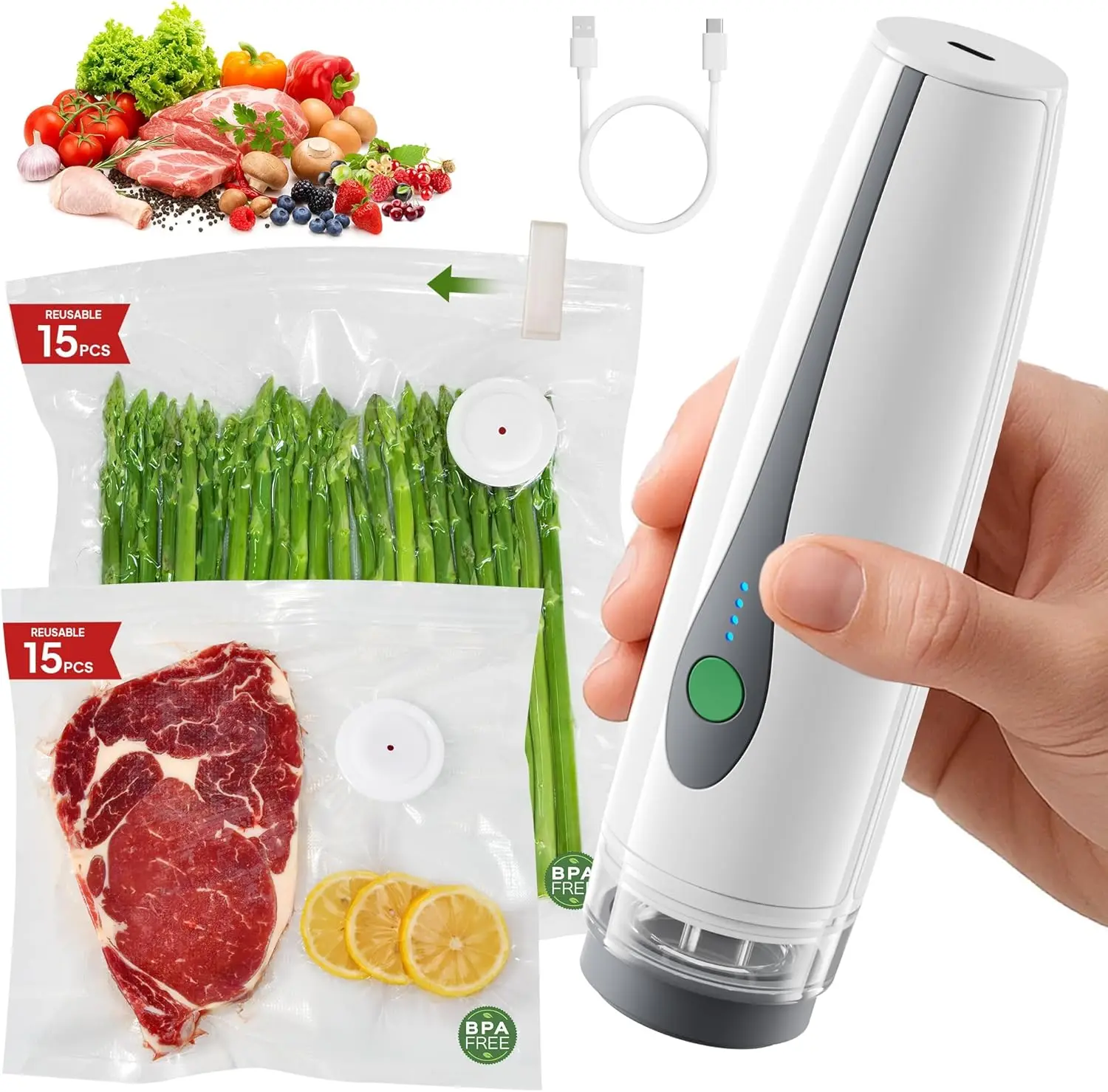 

Handheld Vacuum Sealer with 30 Bags, 6X Freshness, One-Touch Seal, Wet & Dry Use, 670+ Seals per Charge