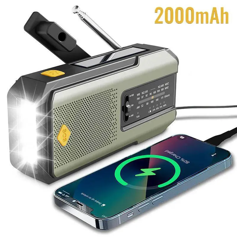 Weather Radio Multifunctional 2000mAh Emergency Radio Hand Crank Solar USB Charging FM AM WB LED Flashlight Torch Power Bank