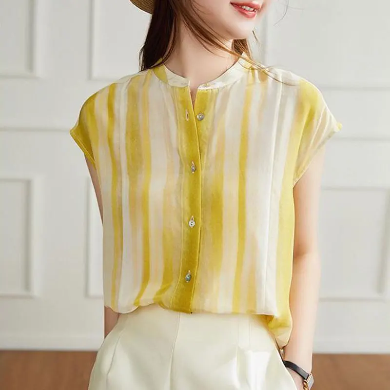 

Female Clothing Striped Casual Sleeveless Shirt 2023 Summer New Commute Single-breasted All-match Round Neck Korean Loose Blouse