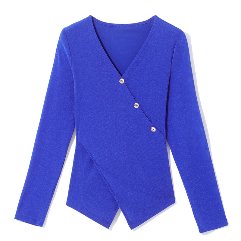 New 2025 Autumn Winter Long Sleeved V-Neck Women Mesh Tops Elegant Slim Cross Solid Color T-Shirt