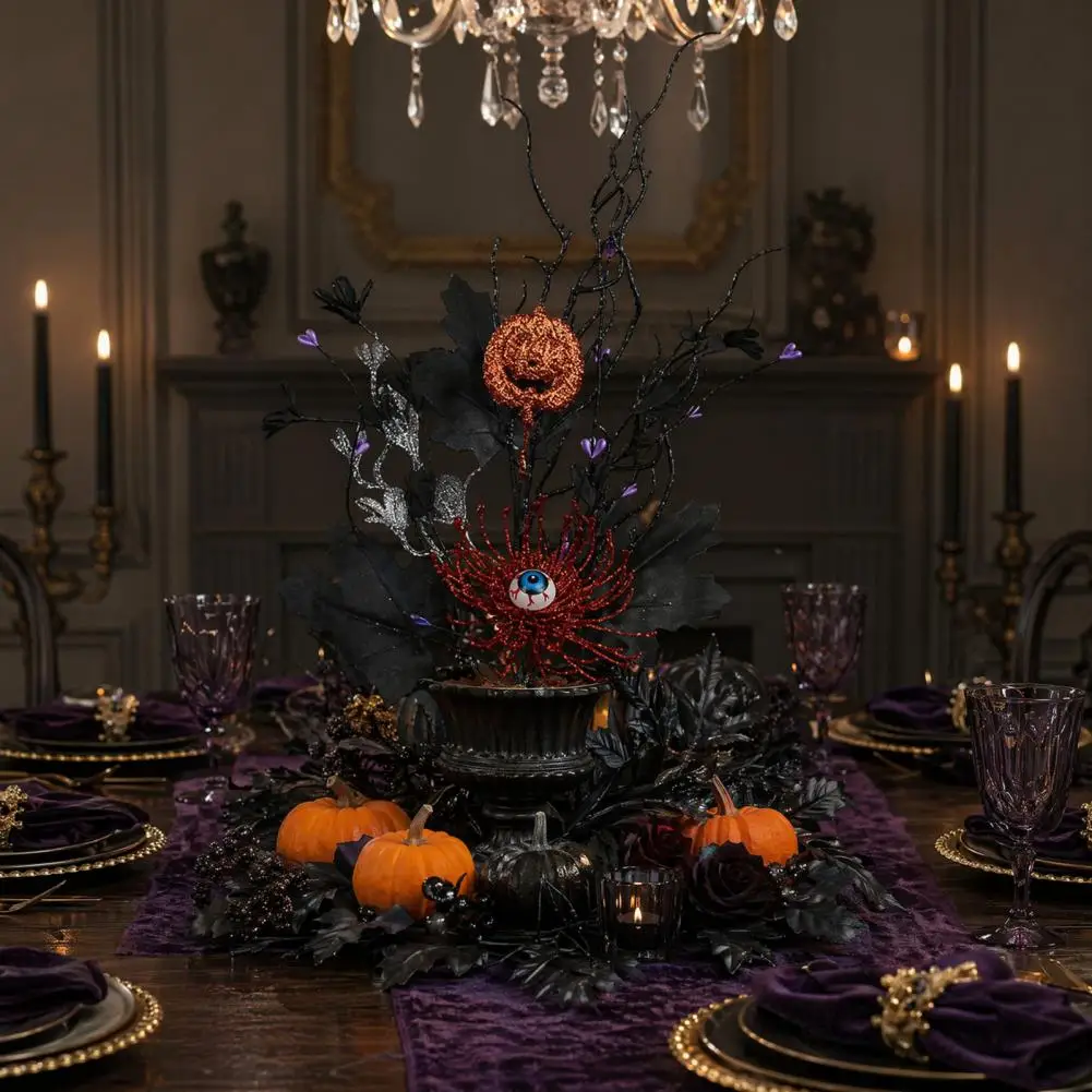 Matte Black Maple Leaves Branch Halloween Artificial Branch Stem with Glitter Black Twigs Pumpkin Eyeball Decorations for Floral