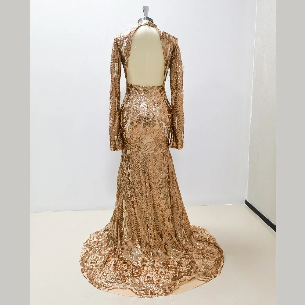 Formal Golden Evening Dress Long Sleeve Appliques High Neck Feathers Sequiend Mermaid Chapel Train Special Occasion Dresses