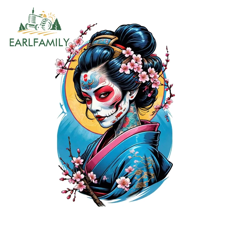 EARLFAMILY Feature Japanese Tattoo Girl Car Sticker Cherry Blossom Sun Scratch-Proof Host Decal Personality Car Styling Decor
