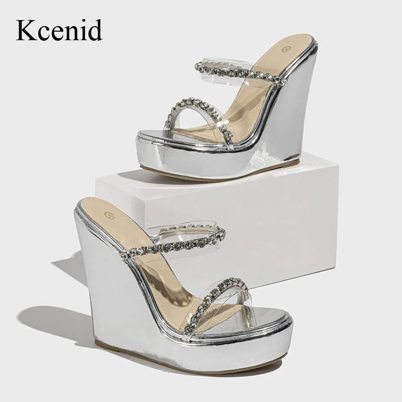 

Kcenid Fashion Narrow Band Transparent PVC Crystal Rhinestone Women`s Summer Slippers High Heels Wedges Sandals Nightclub Shoes