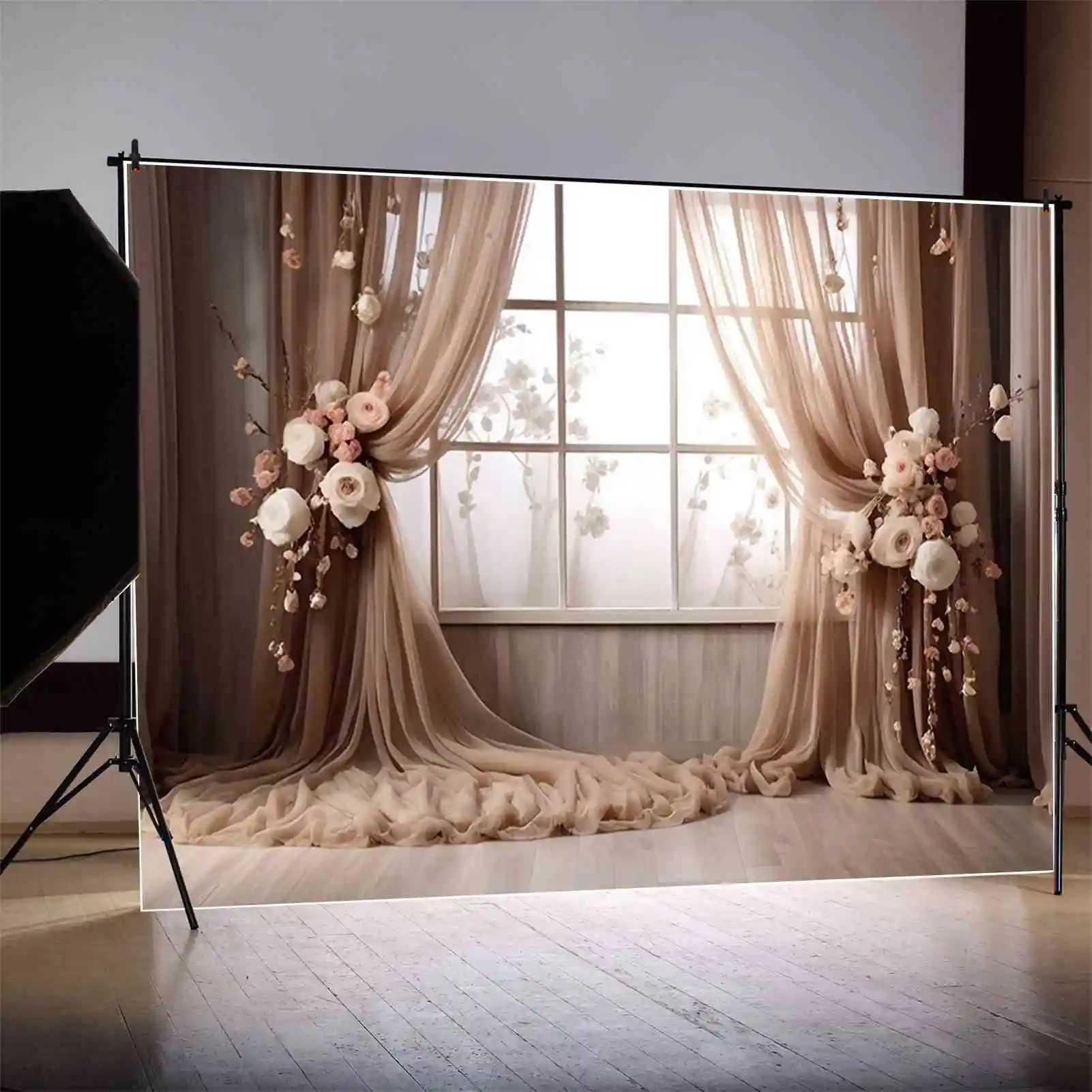 Фотофоны MOON.QG с изображением занавески окна на день рождения, женские драпированные тканевые фотообои с изображением деревянных цветов, Фотографические принадлежности на заказ