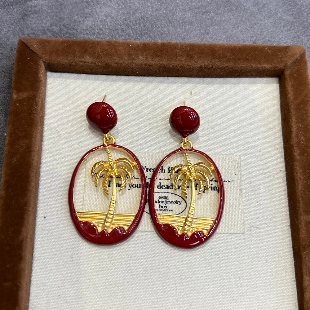 Vintage Court Enamel Oil Drip Red Island Coconut Tree Earrings And Stud Earrings Exquisite Daily Wear Jewelry