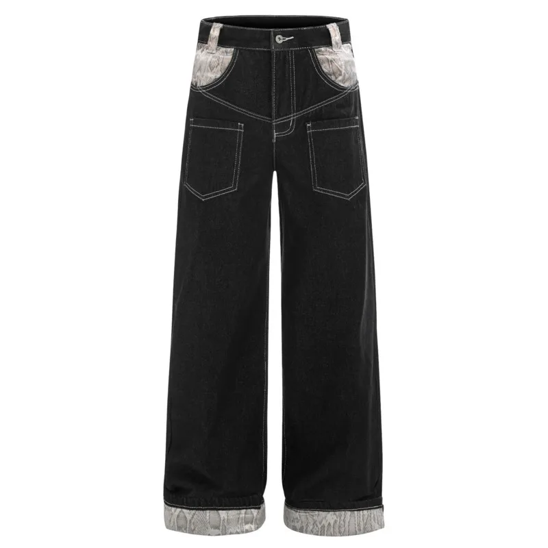 ANJY Autumn Winter New Women Python Pattern Patchwork Trend Jeans Fashion High-End Chic Ins Wide-Leg Straight Denim Pants A11971