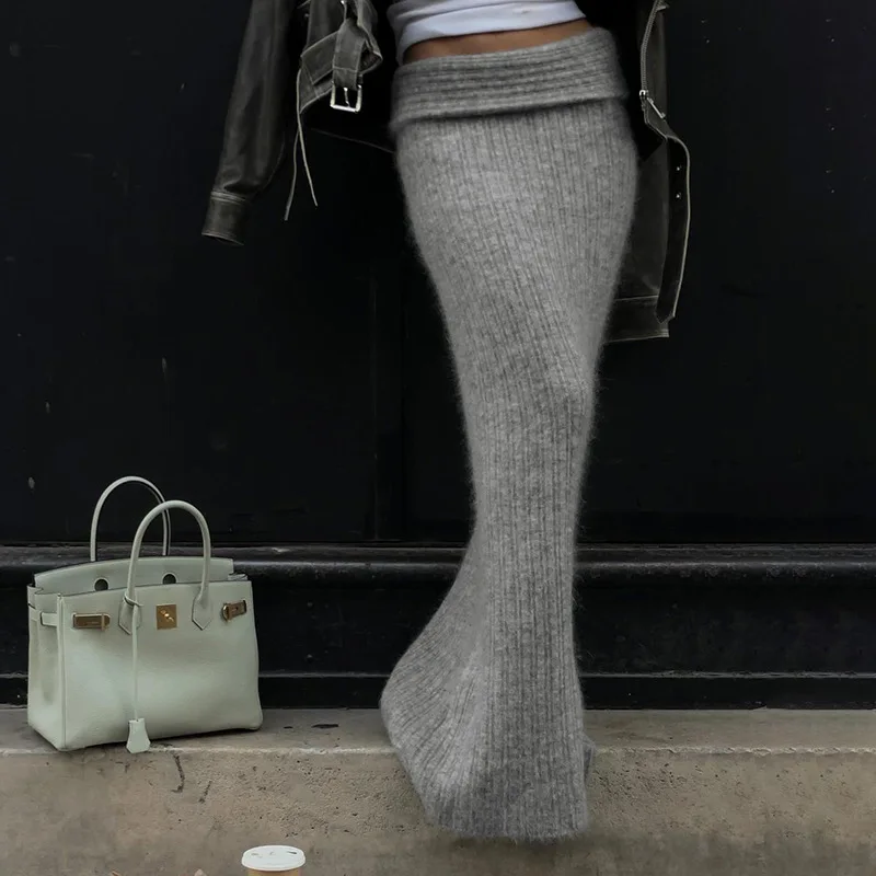 Elegant Lady Gray Knitted Maxi Skirt Fashion High Street Autumn Casual Winter Long Skirts Trendy Low Waist Skirt For Women 2024