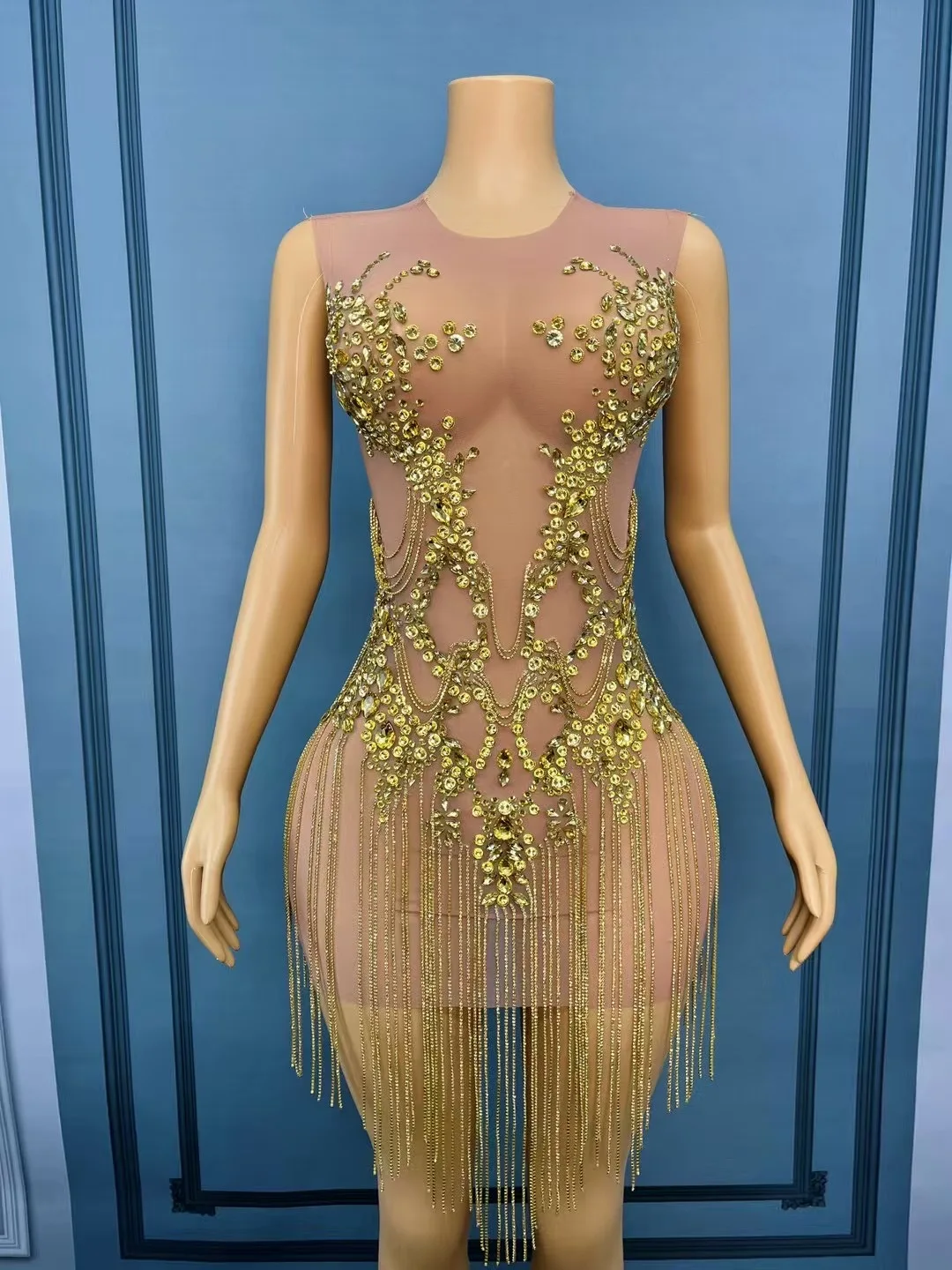 

Вечерний наряд для шоу девушки, роскошный костюм для шоу девушки, роскошный наряд для вечеринки, роскошное вечернее платье с цепочкой и золотыми бриллиантами, женское сексуальное платье с рукавами