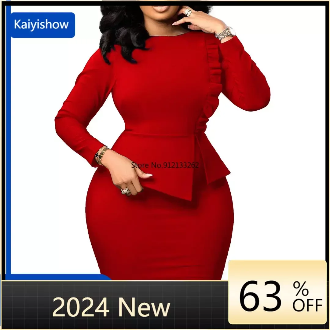 

Women Elegant Dress Bodycon Long Sleeves Peplum Ruffles Spring Package HIp Classy Office Ladies African Summer Gowns Female Robe