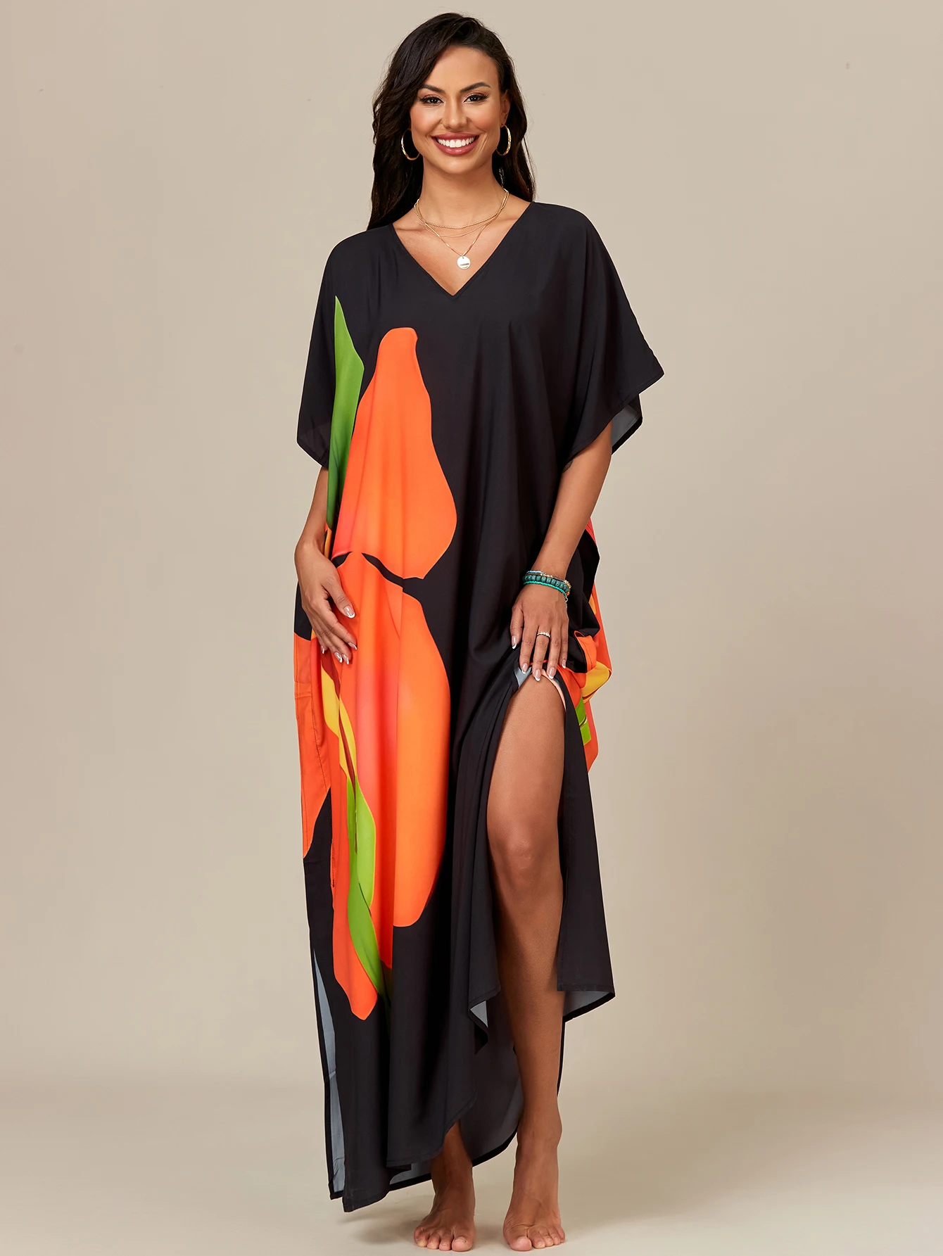 Women's Kaftan Dresses, Colorful Print Mrs Roper Caftan, Bathing Suit Cover Ups Beach Dresses