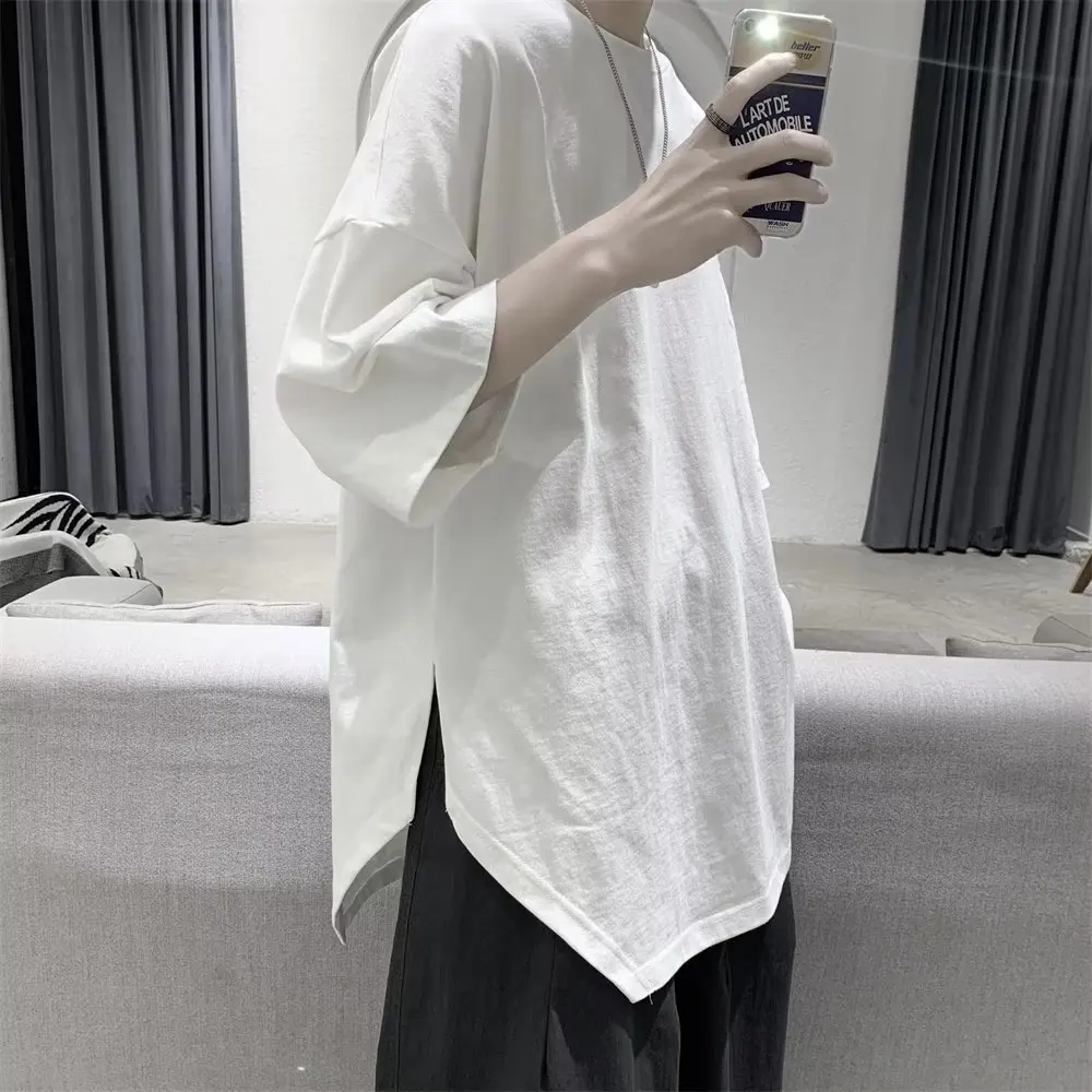 Summer Oversized T-shirt Solid Round Neck Loose Side Split T Shirt for Men Harajuku Half Sleeve Tee Simple Daily Tees