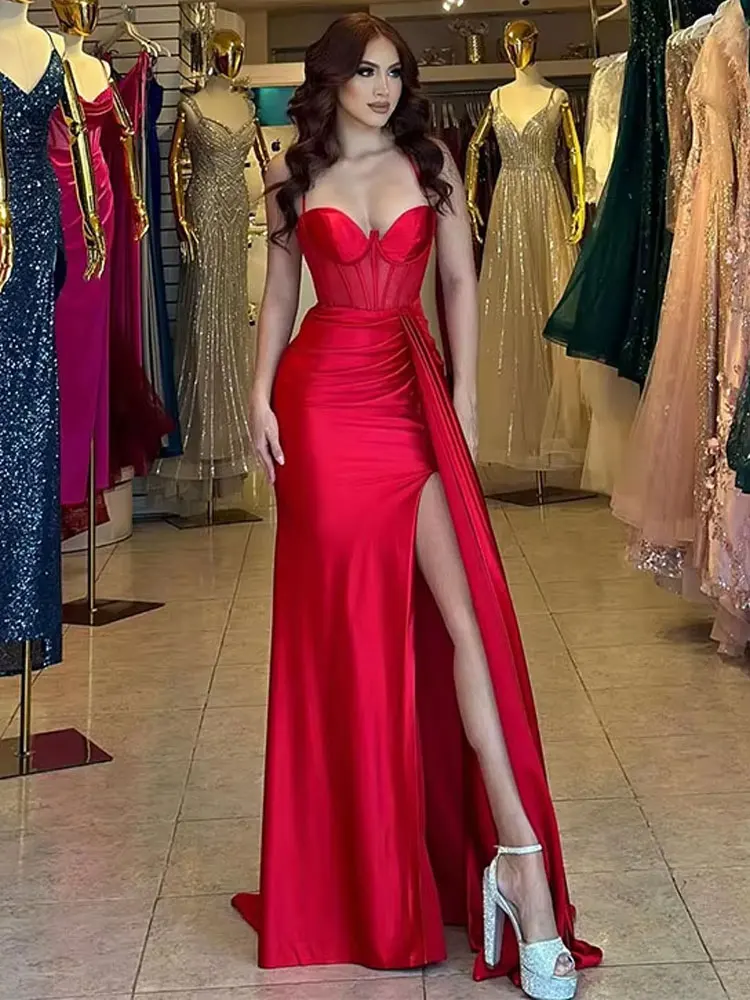 Vestido de fiesta rojo sexy con tirantes finos, vestidos de noche elegantes con pliegues y corpiño de hueso dividido lateral, vestidos formales para mujer