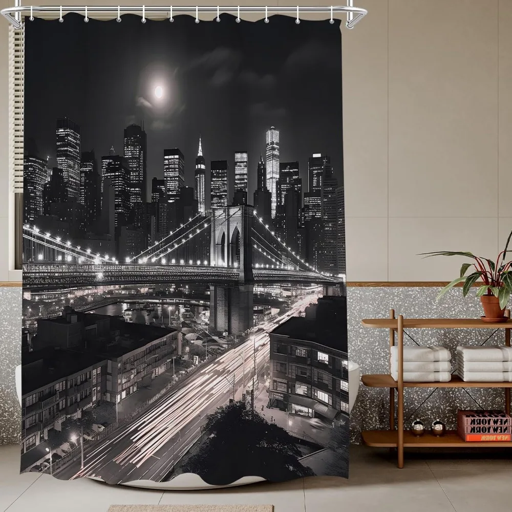 

Black and White Mens Shower Curtain 3D New York City Night Scene Urban Life Brooklyn Manhattan Decor Hooks