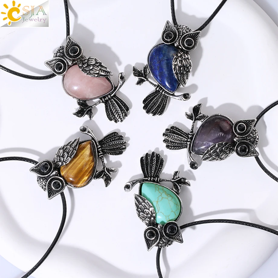 CSJA الحجر الطبيعي قطرة الماء قلادة قلادة للنساء Amult البومة الحيوان شفاء الوردي كريستال الخرزة مجوهرات الرجال القلائد H157