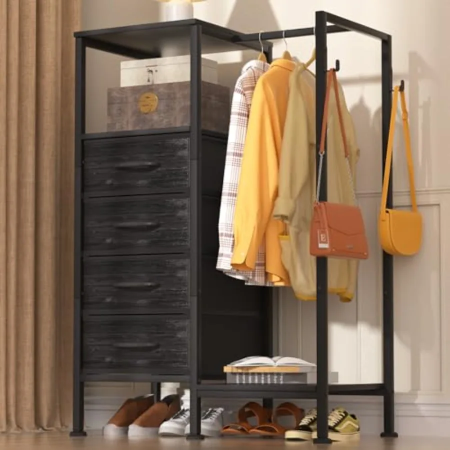 

Тумба-комод с вешалкой, 4 ящика, маленький шкаф для спальни, двусторонний тканевый комод с вешалкой для одежды, высокий шкаф для хранения