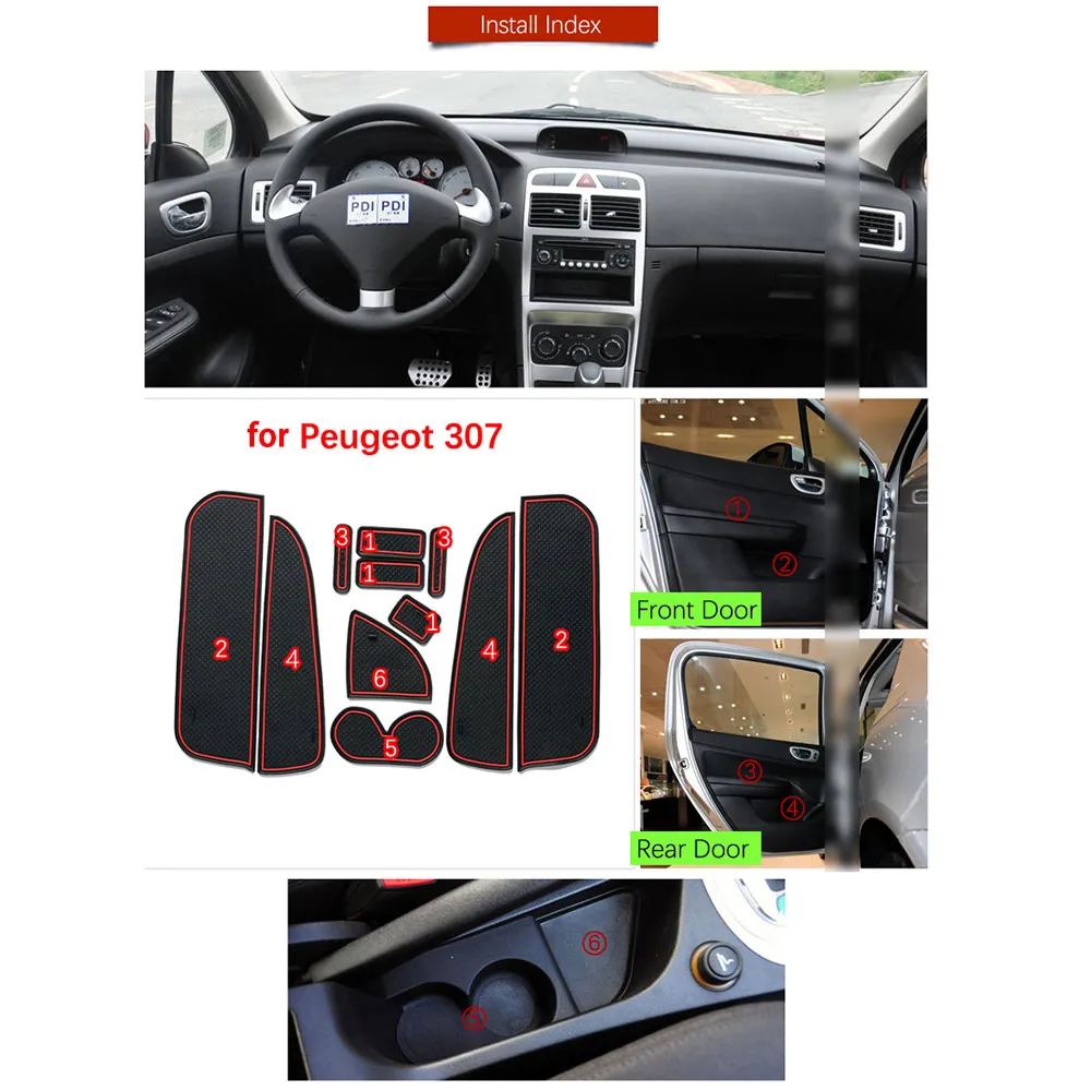 Rubber Mat Door Groove Cup for Peugeot 307 CC SW 2001~2011 2002 Cushion Gate Storage Slot Coaster Dust-proof Sticker Auto Part