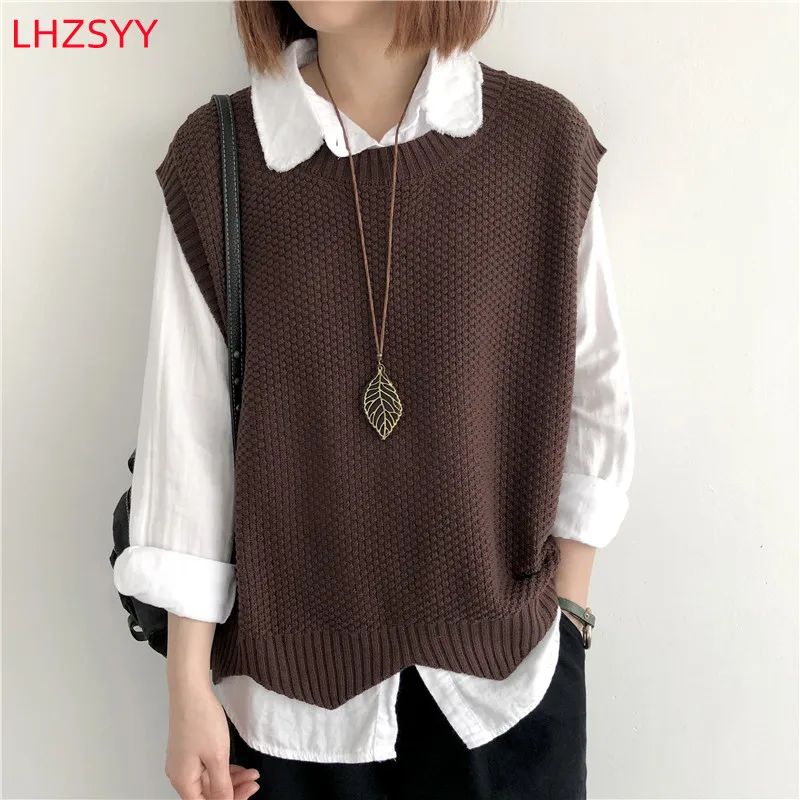 LHZSYY 2024 New 100% Cotton Vest Ladies Autumn/Winter Outer -Tops O-Neck Sleeveless Large Sweater Cotton Thread Loose Knit Vest