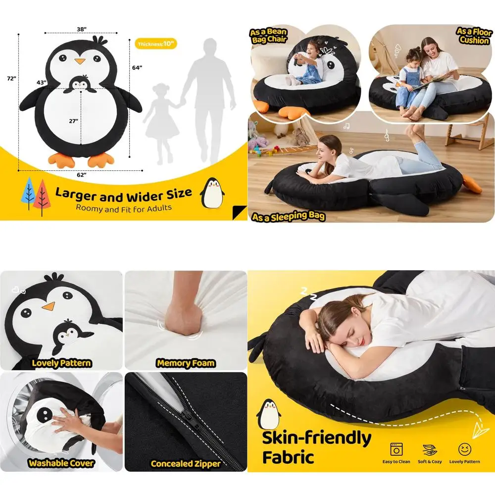 

Большое черное кресло-мешок в форме пингвина для взрослых - идеально подходит для гостиной, спальни или игровой комнаты