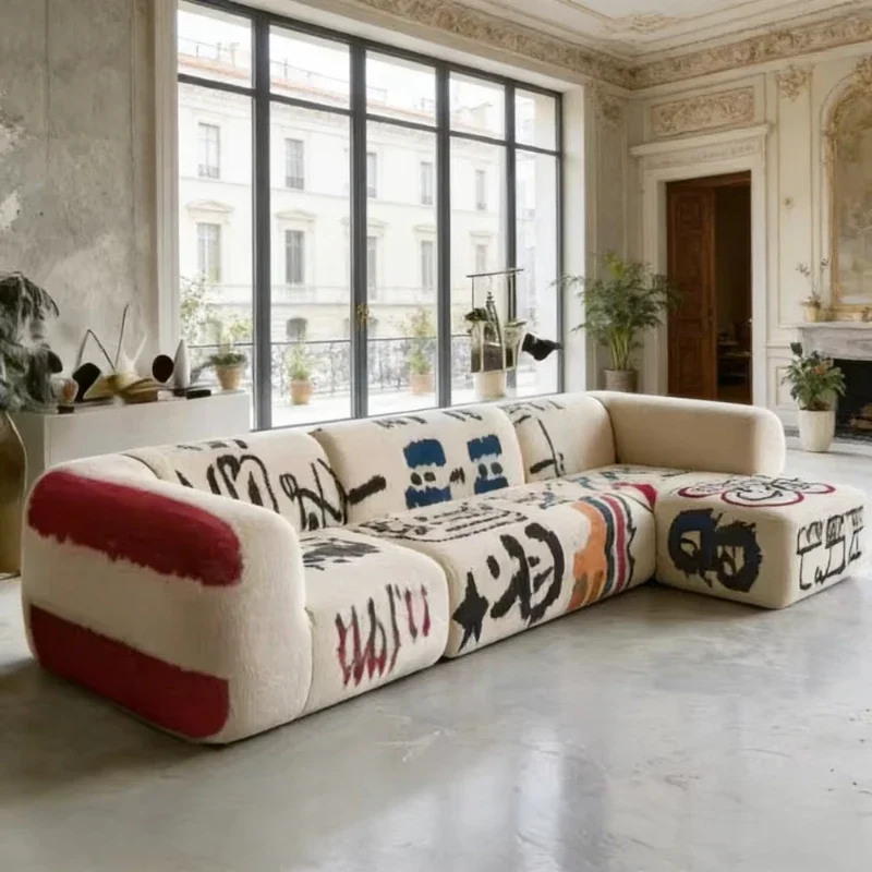 Luxury and colorful modular creative irregular combination graffiti art fabric sofa, suitable for living room and hotel use
