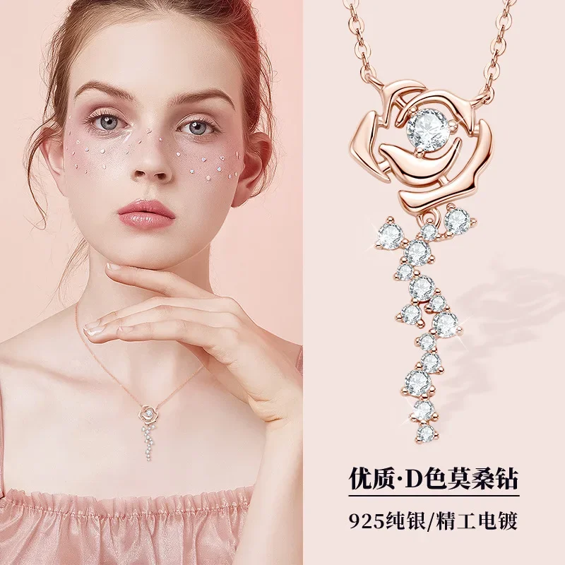 2024 New Niche Versatile ins Wind Rose Gold Necklace Female Moissanite 925 Sterling Silver Clavicle Chain