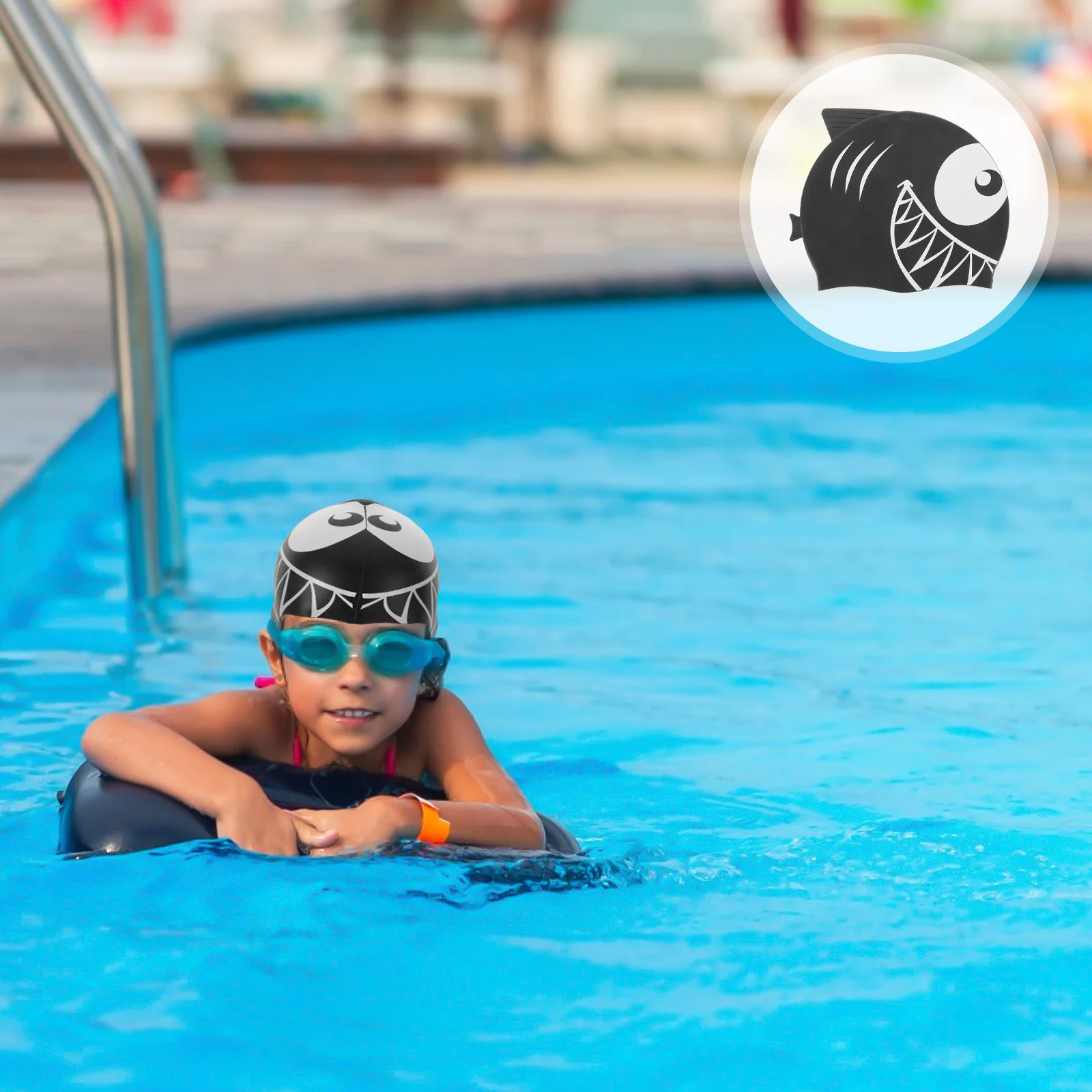 

Shark Silicone Swimming Cap Black Waterproof Ear Protection Cartoon Bathing Cap for Pool Beach