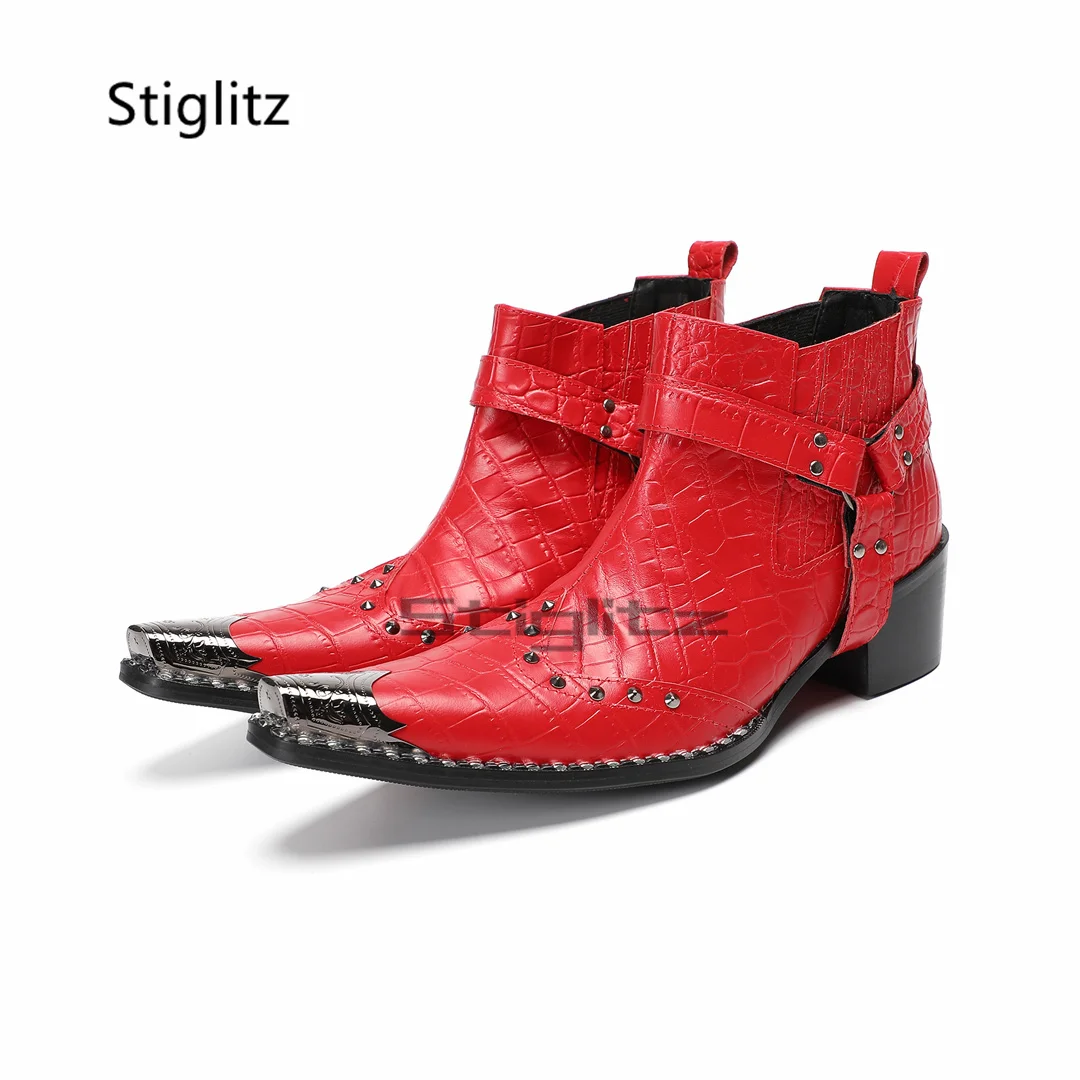 Men's Red High Heels Chelsea Boots Metal Toe Buckle Strap Rivet Genuine Leather Ankle Boots Autumn Winter Business Party Shoes
