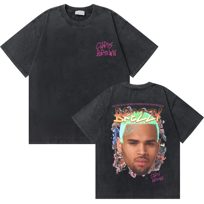 

Best Famous Washed Vintage Rapper Chris Brown Breezy Graphic T Shirts Men Women Hip Hop Oversized T-shirts Male Cotton Tshirt