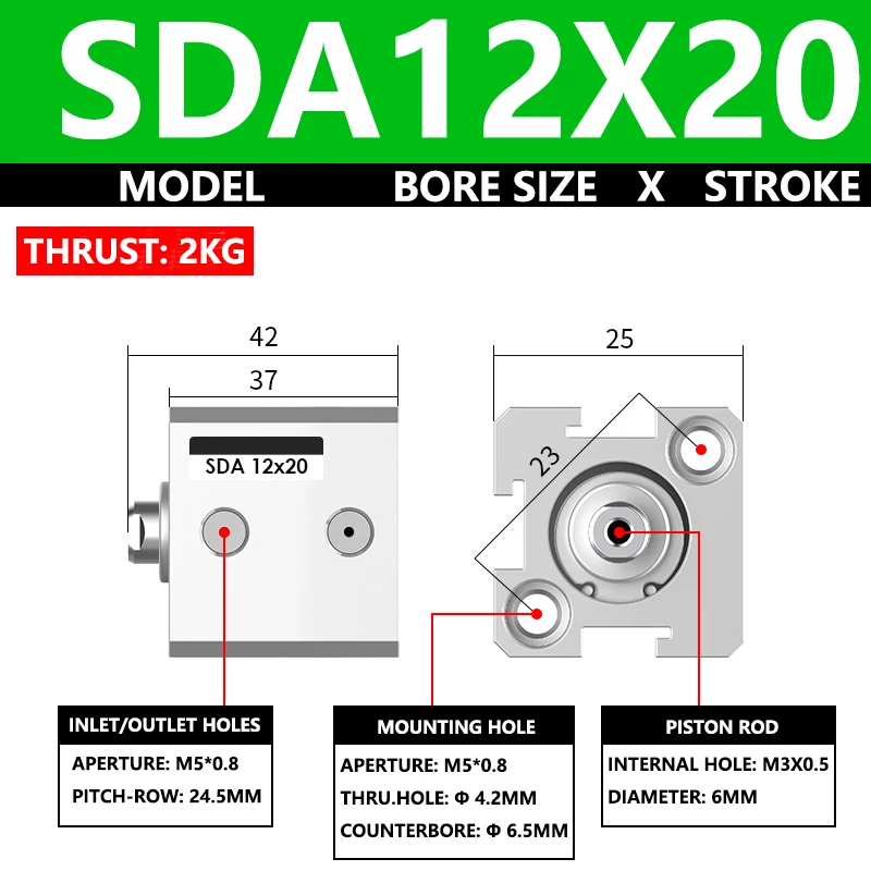 ABILKEEN SDA12X20 SDA Series Thin Air Cylinder 12MM Female Thread Bore X 20MM Stroke Double Acting Pneumatic Compact Cylinder