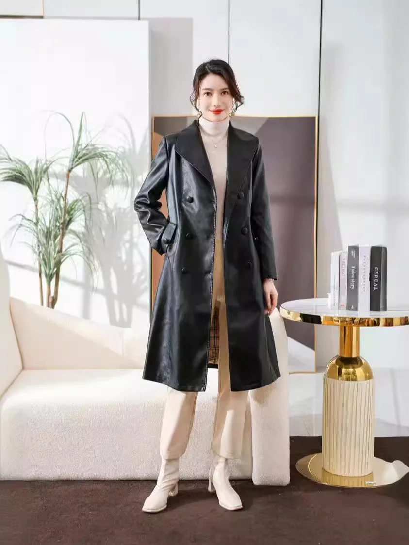 New women\'s trench coat for autumn/winter 2024 in Haining, China, made of genuine leather, women\'s long length, knee over sheeps