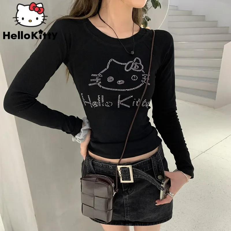 Sanrio Cartoon Hello Kitty Slim Tees Clothes Women Diamonds Black Fashion Crop Tops Y2k Korean Style Spicy Girls Short T-shirts