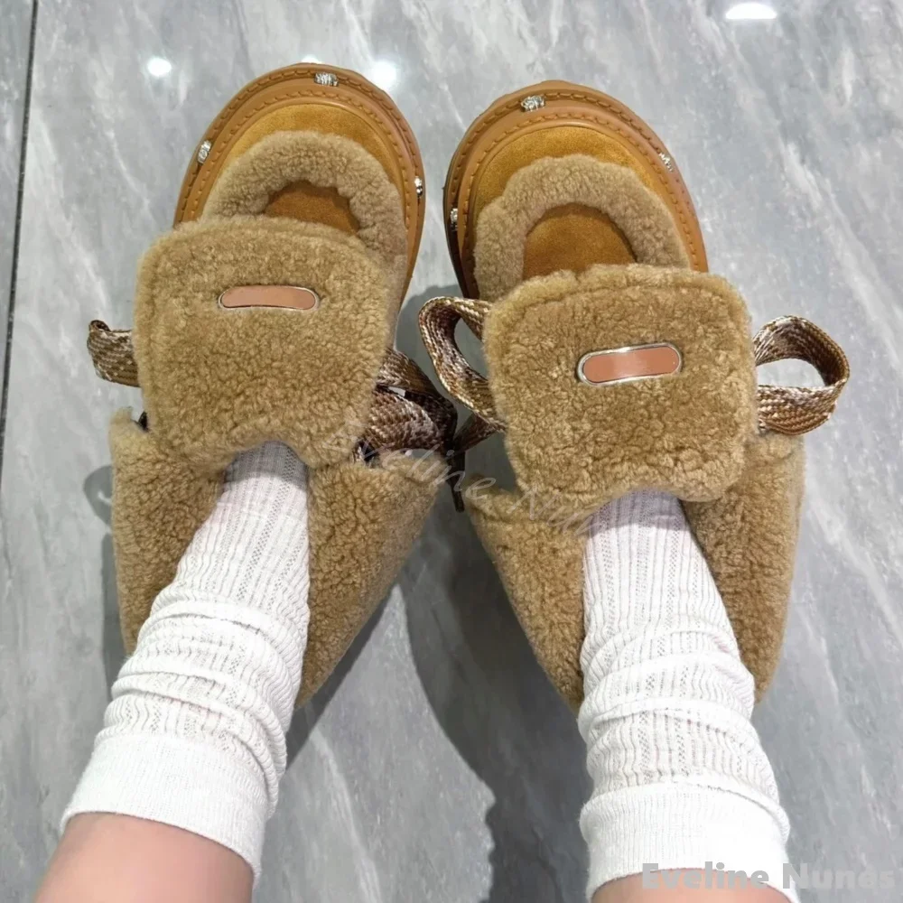 

Retro Turned-over Edge Plush Fur Snow Boots Women Shiny Rhinestone Round Toe Platform Lace Up Mixed Colors Winter Warm Boots